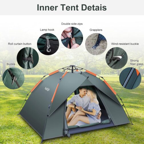 Amflip Camping Tent Automatic 3 Man Instant Tent Pop Up Dome Tent 4 Seasons Waterproof & Windproof Camping Tent with Removable Outer Tent Tarpaulin for Families, Camping – Bild 3