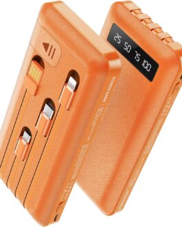 Power Bank 26800 mAh with Built in Cable, Portable Charger 4 Outputs 2 Inputs (Orange, 26800 mAh)