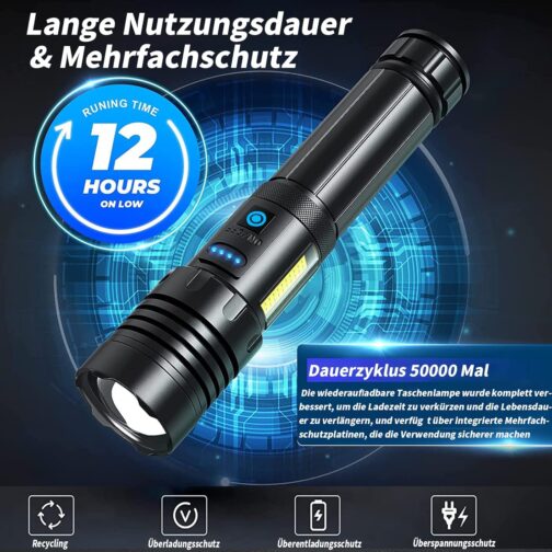 cinlinso LED Torch 500,000 Lumens, Extremely Bright Torch USB-C Rechargeable Tactical Torches with Holster, 7 Light Modes, Zoomable, IPX6 Waterproof for Camping, Hiking, Emergencies (with Battery) – Bild 7