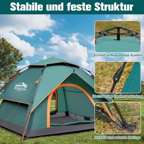 Newfulam Camping Tent 3-4 People, 60S Car Pop Up Tent, Waterproof Dome Tents, Pop Up Tent, Quick Assembly with 2 Mesh Doors, UV, Windproof for Camping, Outdoor, Trekking – Bild 3