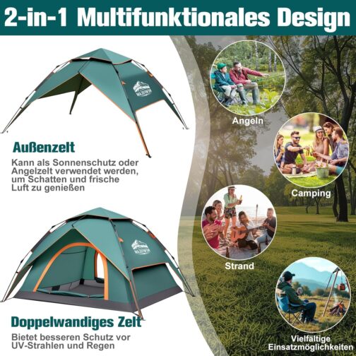 Newfulam Camping Tent 3-4 People, 60S Car Pop Up Tent, Waterproof Dome Tents, Pop Up Tent, Quick Assembly with 2 Mesh Doors, UV, Windproof for Camping, Outdoor, Trekking – Bild 4