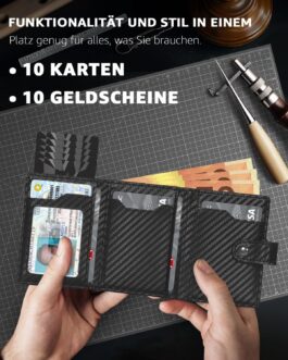 TENBST Men’s Wallet with Coin Compartment & RFID Protection, Slim Wallet Card Case Small, Men’s Wallet, 10 Compartments for Credit Cards, Black Orange, Classic