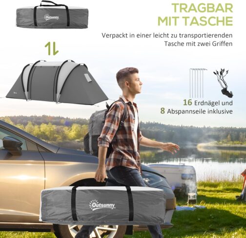Outsunny Camping Tent for 4-5 People Lightweight Water-Repellent Family Tent with 3 Room Side Door Window, Tent with 3000 mm Water Column Tunnel Tent Dome Tent for Camping Travel Garden – Bild 6