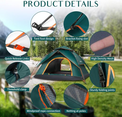Pop Up Tent 3 People, Camping Tent 4 Person Portal, Portal, Outdoor, Waterproof, Seasons, Waterproof & Windproof Camping Tent with Removable Outer Tarpaulin Camping – Bild 2
