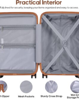 Roadcheer Hard Shell Suitcase Set with 4 Wheels, Large, PC Lightweight Travel Suitcase with TSA Lock, Black – Brown, Luggage set, 5 pieces, Modern