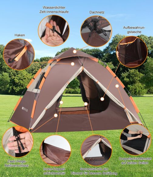 Dewur Camping Tent, Pop Up Tent, 4 People, Family Dome Tent, Waterproof, Windproof with 2 Mesh Door, Window, 2 in 1 Double Layers, Carry Bag for Camping, Hiking, Backpacking – Bild 5