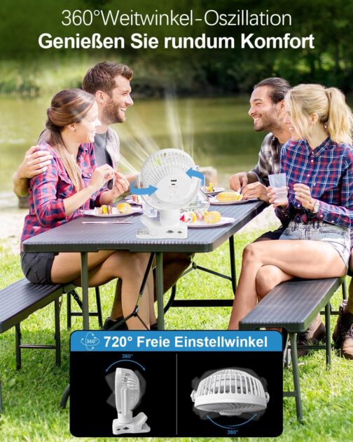 360° Oscillating Clip Fan with Remote Control - 10000 mAh Battery USB Table Fan Portable - Timer Function & 4 Levels Quiet Camping Clamp Fans - LED Light Mini Fan 75 Hours, Diameter 17.5 cm – Bild 3