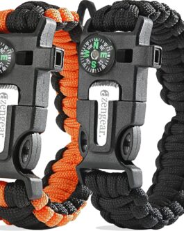 aZengear Paracord Survival Bracelet, Fire Starter Made of Flint and Steel, Whistle and Compass, Adjustable Strap Size for Camping, Bushcraft and Emergency Equipment