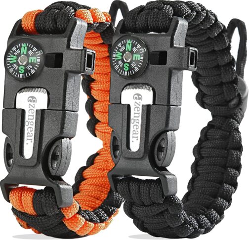 aZengear Paracord Survival Bracelet, Fire Starter Made of Flint and Steel, Whistle and Compass, Adjustable Strap Size for Camping, Bushcraft and Emergency Equipment
