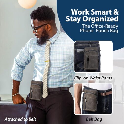 Men's Leather Shoulder Bags, Small Mobile Phone Case, Men's Belt Bag, Vertical Handbag, Waist Bag, gray, S – Bild 6