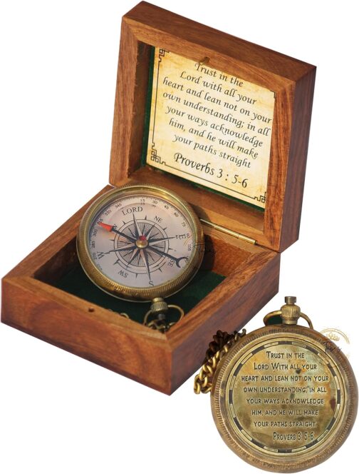 Compass Engraved Trust in The Lord with All Your Heart Proverbs 3:5-6 with Wooden Box Camping Compass Gift Compass Graduation Gift Compass for Women Men Boys Girls