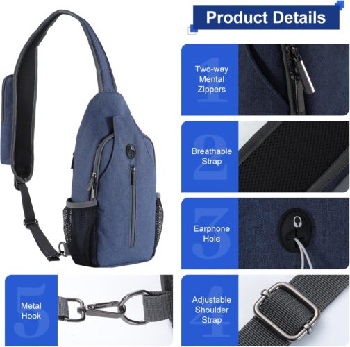 Chest Sling Bag Backpack Shoulder Bags for Men and Women, Adjustable Anti-Theft Shoulder Bag for Hiking, Cycling, Travel or Multipurpose Day Packs, Blue, Designer, blue, Designer – Bild 5