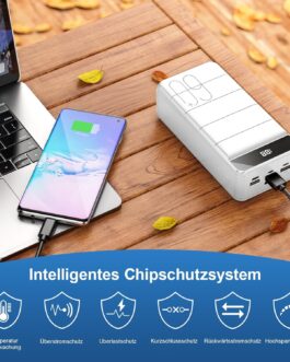 Powerbank 60,000 mAh, 22.5 W PD USB-C Fast Charger, External Battery with LED Display, Power Bank 4 Outputs and 3 Inputs, Compatible with iPhone, Tablets, Android and More, White