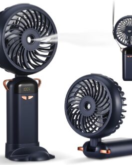 Kssvzz Handheld Fan with Water Cooling, Portable Mini Fan with LCD Display & 5 Levels, USB Fan, Rechargeable, Foldable Fan, Small for Travel, Office, Home (Blue)
