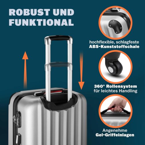 Monzana® 3-Piece Suitcase Set Baseline Hard Shell Suitcase M-L-XL Gel Handles 4 Wheels Edge Protection Lock Feet ABS Trolley Trolley Travel Suitcase Set, silver, Suitcase – Bild 5