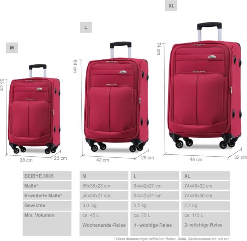 Beibye 4-Wheeled Travel Suitcase, Fabric Case, Hand Luggage, Children's Luggage Suitcase Trolley Set, XL, L, M, wine red – Bild 3