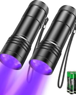 UV Torch Pack of 2 Mini UV Black Light Torch with 12 LEDs, Ultraviolet Light with 395 nm for Geocaching, Pet Urine Detectors, Pets Urine Detector etc. Includes 6 AAA Batteries