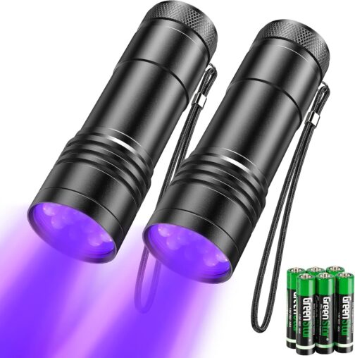 UV Torch Pack of 2 Mini UV Black Light Torch with 12 LEDs, Ultraviolet Light with 395 nm for Geocaching, Pet Urine Detectors, Pets Urine Detector etc. Includes 6 AAA Batteries