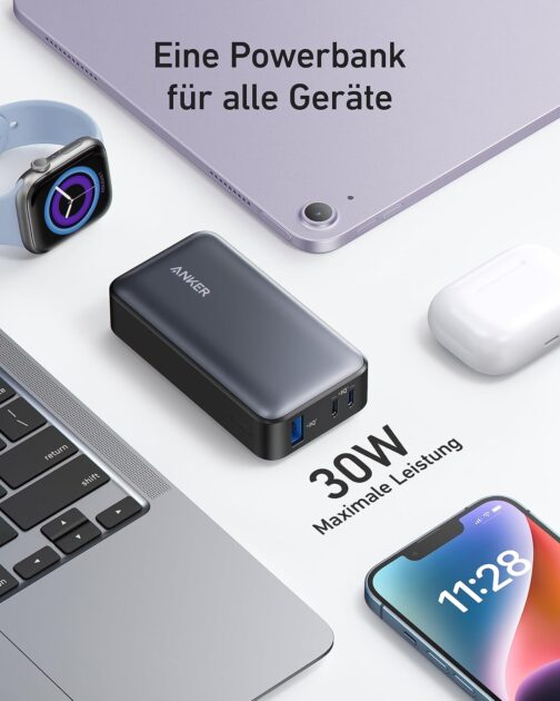 Anker Power Bank 10,000 mAh, 533 PowerCore with Power Delivery Technology (PD 30 W Max. Power), Power IQ 3.0 External Mobile Phone Battery for iPhone 15 Series, iPad, MacBook, Galaxy, Microsoft – Bild 4