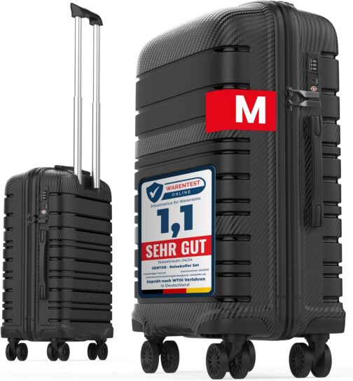 GENTOR Suitcase Set with Wheels Carbon Look TSA Lock PP Hard Case Travel Trolley Trolley Suitcase Lightweight M/L/XL Large Medium Small Hand Luggage 3 Pieces, black, M, GENTOR GTSC carry-on suitcase
