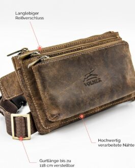 Fa.Volmer ® Bum Bag / Belt Bag / Waist Bag in Real Leather for Men and Women | Black or Brown | Adjustable Strap up to 118 cm, Brown M1, Belt bag with spacious compartments