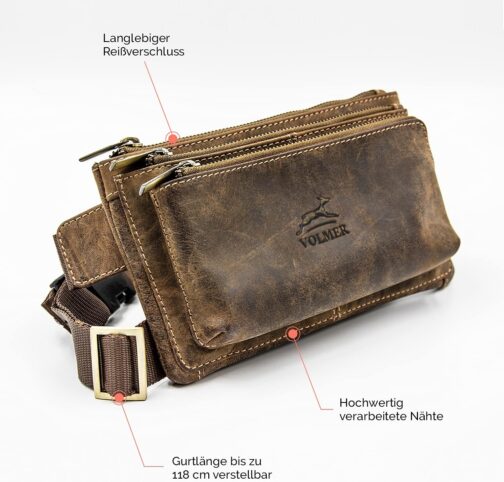 Fa.Volmer ® Bum Bag / Belt Bag / Waist Bag in Real Leather for Men and Women | Black or Brown | Adjustable Strap up to 118 cm, Brown M1, Belt bag with spacious compartments – Bild 2