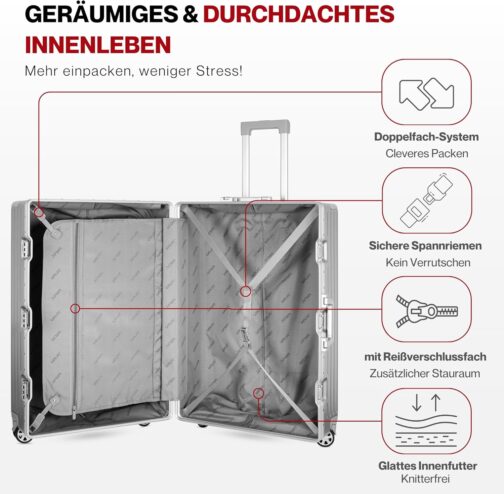 WINLIFE Hard Shell Travel Suitcase M, L, XL, Large Shell ABS Trolley in Silver, TSA Combination Lock, 4 x 360° Double Spinner Wheels, Telescopic Handle, Integrated Cup & Bag Holder, silver, XL – Bild 3