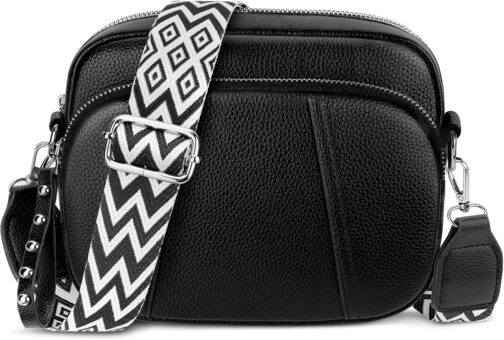 JUYANO Crossbody Bag Women's Wide Strap Leather Shoulder Bag Women's Small Shoulder Bags Fashion Small Shoulder Bag with 3 Zip Compartments 2 Removable Shoulder Straps