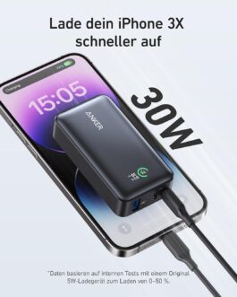 Anker Power Bank 10,000 mAh, 533 PowerCore with Power Delivery Technology (PD 30 W Max. Power), Power IQ 3.0 External Mobile Phone Battery for iPhone 15 Series, iPad, MacBook, Galaxy, Microsoft