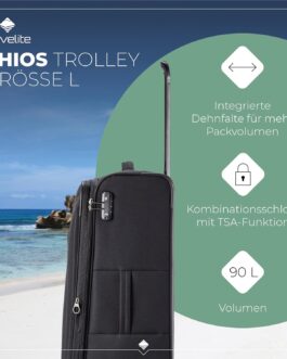 Travelite Chios Trolley Series 4-Wheel Suitcase Set Soft Shell Sizes L/M/S, black, Soft luggage trolley with 4 wheels