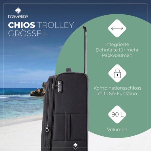 Travelite Chios Trolley Series 4-Wheel Suitcase Set Soft Shell Sizes L/M/S, black, Soft luggage trolley with 4 wheels – Bild 2