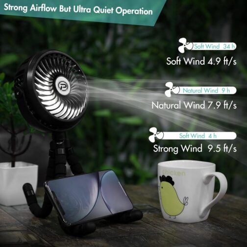Winique USB Fan Quiet Handheld Fan Mini Fan with 3 Speeds / 720° Adjustable / LED Light, Over 10 Hours Battery Life for Prams, Home and Office – Bild 5