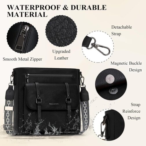 RAINSMORE Shoulder Bag Women's Medium Handbag Women's Leather Crossbody Bag Shoulder Bags Handbags Women's Handbag with Wide Shoulder Straps, black, M – Bild 4