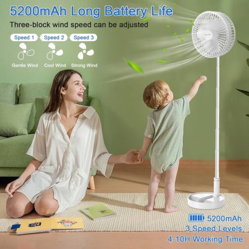 AKOFIC Portable Floor Fan, Quiet, 8 Inch Battery & Solar Powered Fan, Foldable USB Table Fan with 5200 mAh Battery, Height Adjustable Telescopic Fan for Bedroom, Office, Camping – Bild 3