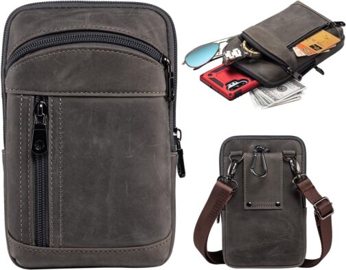Men's Leather Shoulder Bags, Small Mobile Phone Case, Men's Belt Bag, Vertical Handbag, Waist Bag, gray, S