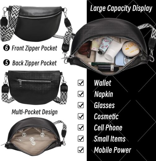 VidFair Shoulder Bag Women's Large Bum Bag Stylish Elegant Modern Leather Water-Repellent Crossbody Bag Wide Strap Bum Bag Bags with Removable Shoulder Strap Festival Travel Everyday Black, black – Bild 3