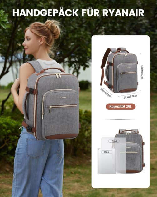 LOVEVOOK Ryanair Hand Luggage 40 x 20 x 25 cm, Small Hand Luggage Backpack Bag Travel Backpack Airplane Carry On Hand Luggage Travel Backpack for 14 Inch Laptop Women Men Cabin Bag Eurowings Wizz – Bild 7
