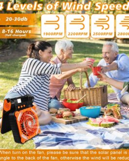 Kihhvlo Solar Camping Fan with LED Lantern & USB-C – 4 in 1 Portable Table Fan 90° Rotation, 4 Speeds for Tent, Office, Bedroom and Outdoor