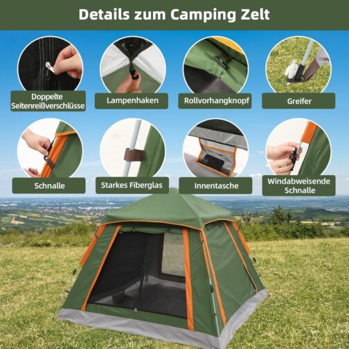 HAUSPROFI Tent 2-3 Perosons Pop Up Tent, Camping Tent with Awning Window, Large Waterproof Automatic Throwing Tent, Double Door Ventilation, Mosquito Protection, 2 Layers Dome Tent for Camping – Bild 6