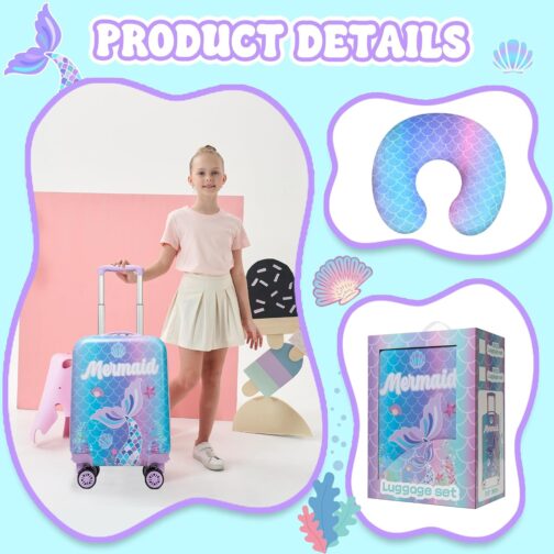 HTgroce 2-Piece Children's Suitcase Set, Children's Travel Suitcase with Backpack, Neck Pillow & Suitcase Tag, Travel Trolley with Wheels for Children, Hard Case for Boys and Girls, mermaid, S – Bild 4