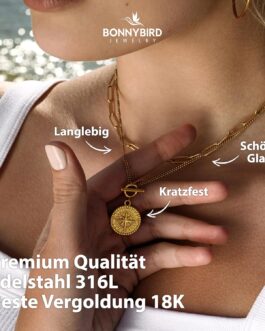 BONNYBIRD® Compass Women’s BonnyCompass Necklace – Premium Necklace Women’s with Compass Pendant Made of Stainless Steel in Silver, Gold and Rose Gold, 100% Waterproof and Skin Friendly