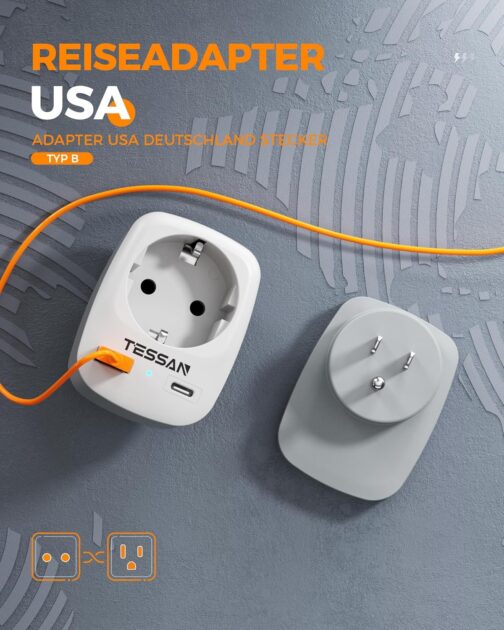 TESSAN 2 Pack Travel Adapter USA/America-Germany Plug with 2 USB 2.4 A, Socket Adapter Travel Plug Power Adapter for Canada Thailand Mexico Wall Charger and Charging Station Adapter – Bild 2