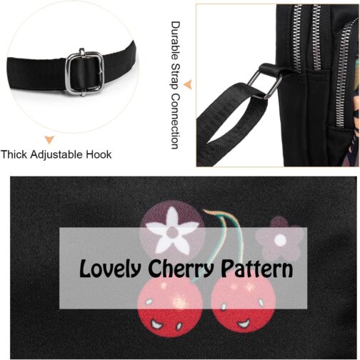Women's Girls Small Shoulder Bag Fabric Bag Mobile Phone Case for Hanging with Cute Pattern, 3 Compartments and Long Strap, Black with cherry, Minimal – Bild 6