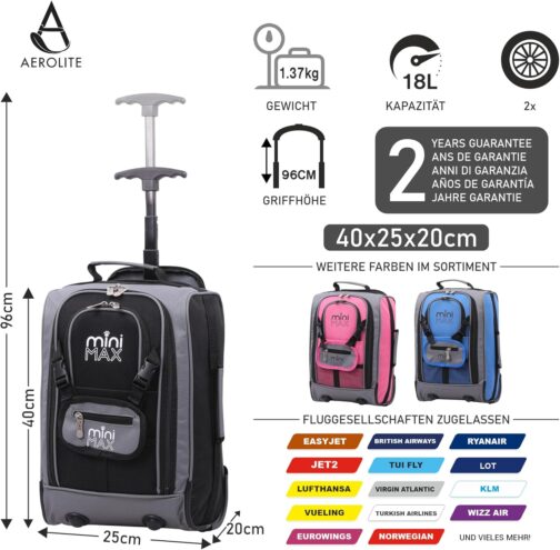 Aerolite MiniMAX 20L Ryanair 40 x 20 x 25 Maximum Size Hand Luggage Under Seat Trolley Backpack Hand Luggage Bag for Cabin with 2 Year Warranty, black, Backpack – Bild 2