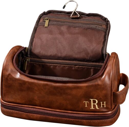 Personalised Mens PU Leather Toiletry Bag, Custom Engraved Travel Toiletry Bag, Personalized Initials, Gifts for Family, Black, coffee, dark brown, light brown, Portable Toiletries for Men