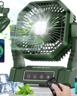 COZII Camping Fan, 20000 mAh Table Fan, USB Fan Battery with Light, 4 Speeds, 4 Timing, Remote Control, Outdoor Fan Quiet with Hanging Hook for Camping, Picnic, Barbecue, Office