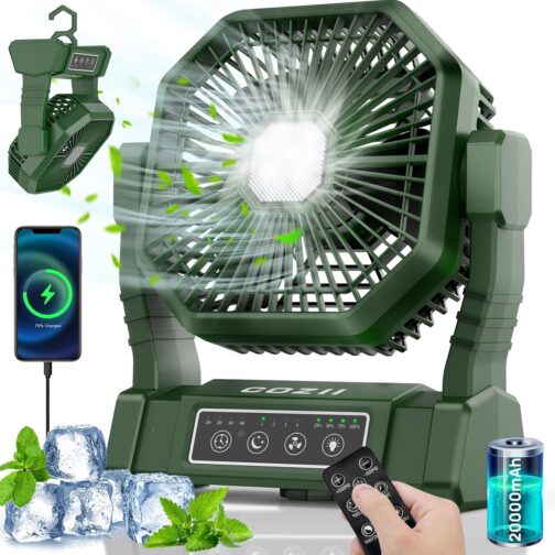 COZII Camping Fan, 20000 mAh Table Fan, USB Fan Battery with Light, 4 Speeds, 4 Timing, Remote Control, Outdoor Fan Quiet with Hanging Hook for Camping, Picnic, Barbecue, Office