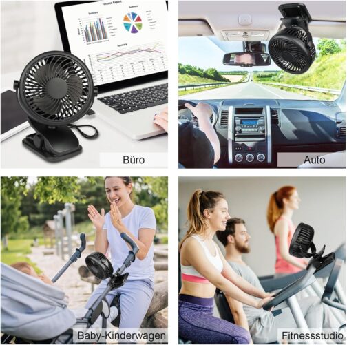 GMGXX USB Fan, Portable 4800 mAh Battery Fan, Mini Fan with Clip & 3 Speeds, 720° Rotating Fan, Quiet for Bedroom, Office, Car, Camping, Pushchair – Bild 7