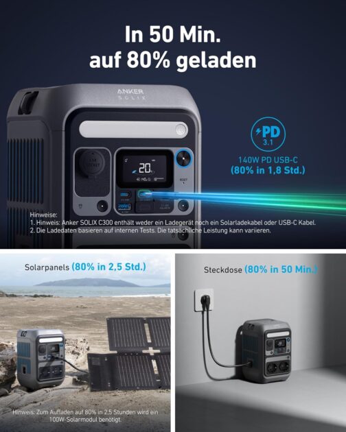 Anker SOLIX C300 Portable Power Station, 288 Wh LiFePO4 Battery, 300 W (Max 600 W) Solar Generator, 140 W Side Quick Charging Power, for Camping, Outdoors, Travel, Emergencies, Travel (Solar Panel – Bild 6