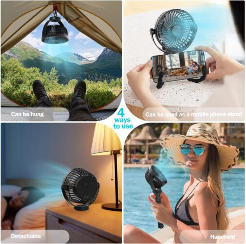 Simpeak Camping Fan, Table Fan, Mini USB Fan, Quiet, 5200 mAh Battery Fan with LED Light, Adjustable Tripod, 3 Speeds, 720° Rotation, Black – Bild 7